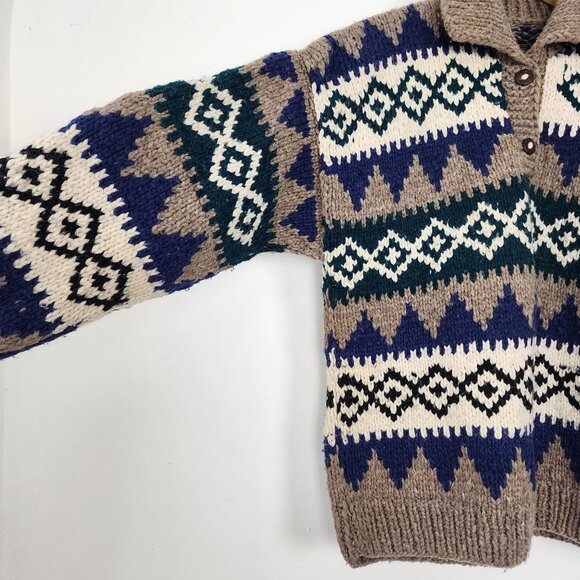 Wool Knit Collard Siwash Handmade in Ecuador Geometric Pattern Beige Teal Blue - Picture 4 of 9